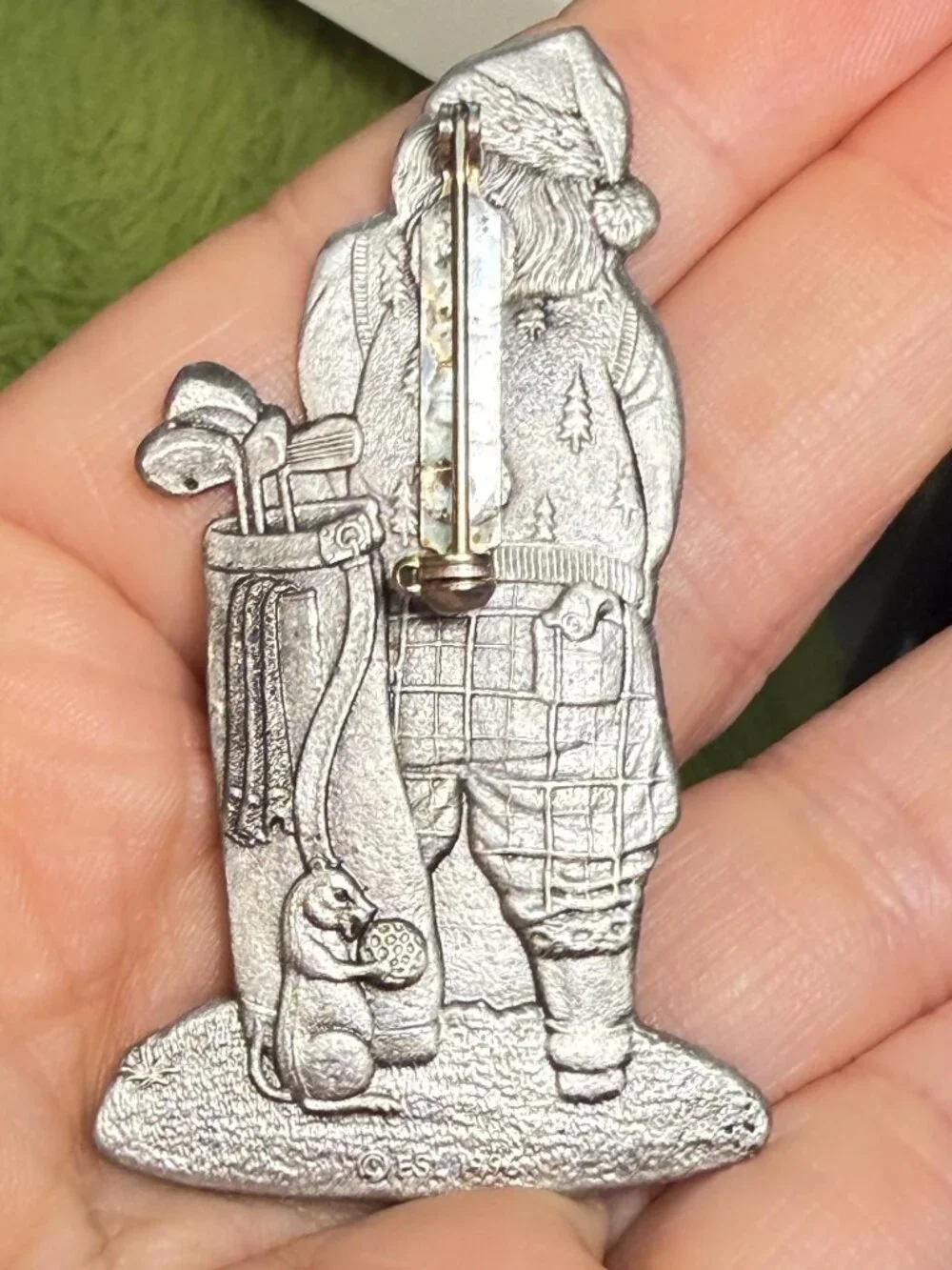 OOAK Santa Golf Brooch Upcycled Metal Christmas Pin Double Sided 2.5 inches